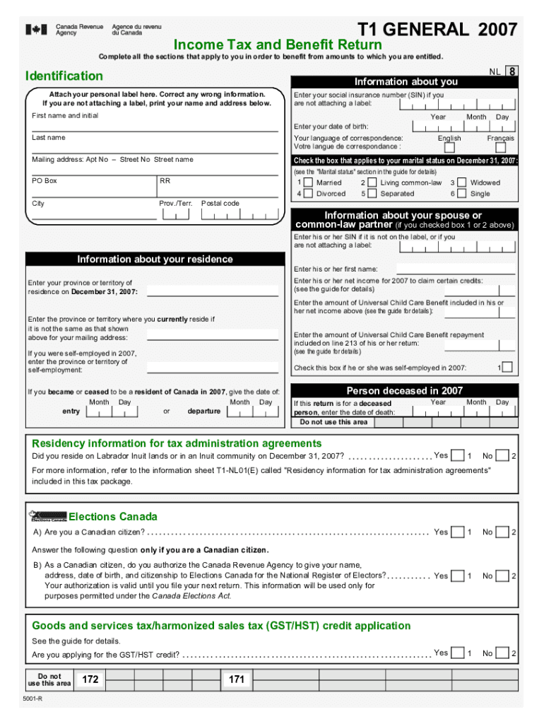 Fillable Online 5001-R T1 General 2007 - Income Tax and Benefit Return ...