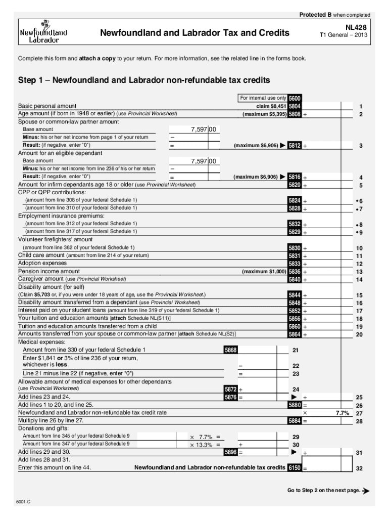 Fillable Online 5001-C T1 General 2013 - NL428 - Newfoundland and ...