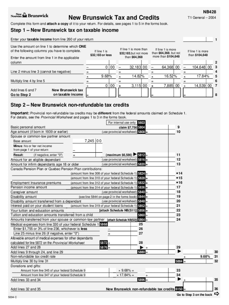 Fillable Online 5004C NB 428 New Brunswick Tax and Credits T1