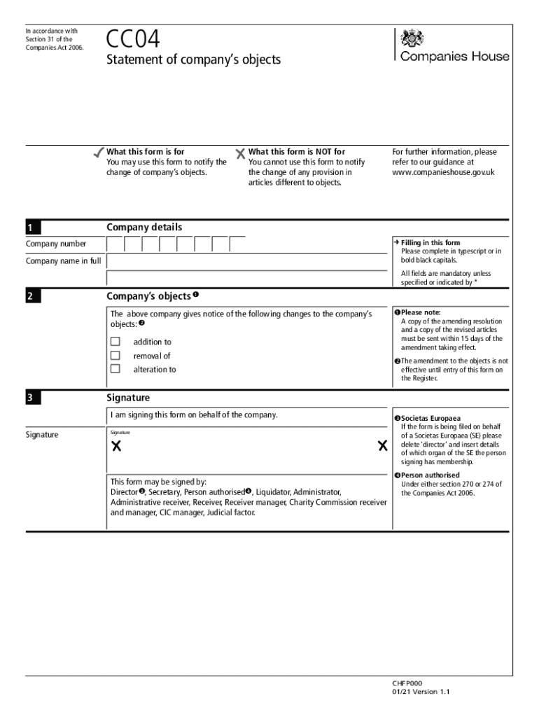 CC04 Statement of companys objects You may use this form to notify the change of companys objects Preview on Page 1