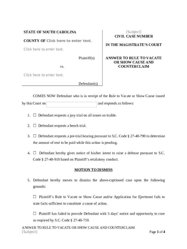 ANSWER TO RULE TO VACATE OR SHOW CAUSE AND COUNTERCLAIM Doc Template 
