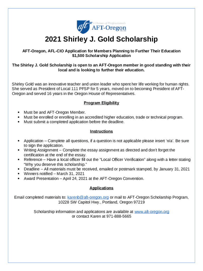 2021 Shirley J. Gold Scholarship AFT Oregon or aft Doc Template