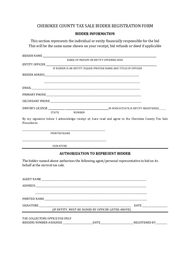 Fillable Online CHEROKEE COUNTY TAX SALE BIDDER REGISTRATION FORM Fax