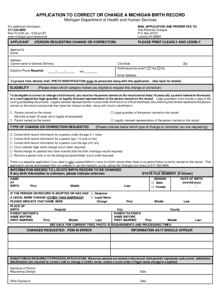 application to correct or change a michigan birth record Preview on Page 1