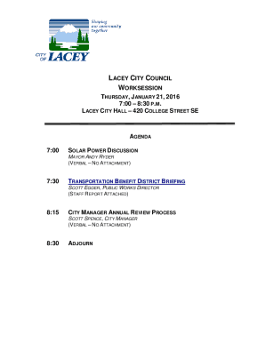Lacey City Council Worksession Agenda 1-21-16. Lacey City Council Worksession Agenda 1-21-16