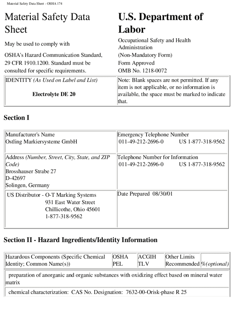 Fillable Online Material Safety Data Sheet OSHA 174 marker.co.kr