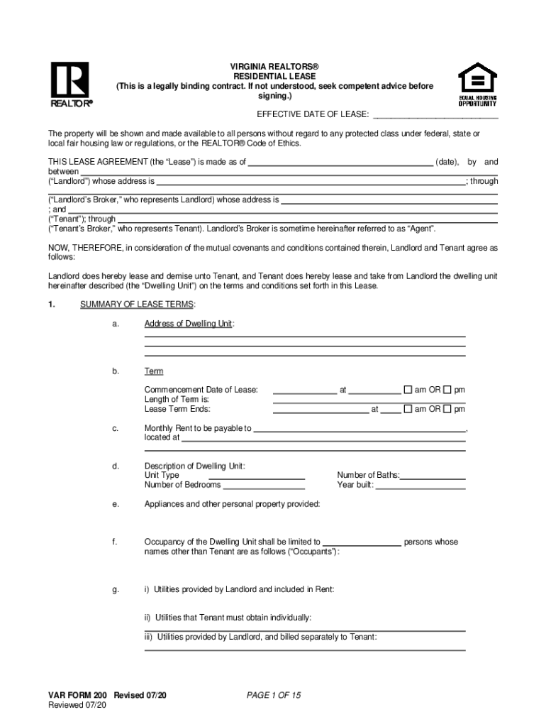 Virginia Realtors Residential Lease Agreement - Apr 2021 Preview on Page 1