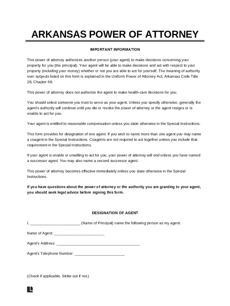 Arkansas Power of Attorney Blank Fillable Template Fill Out, Print