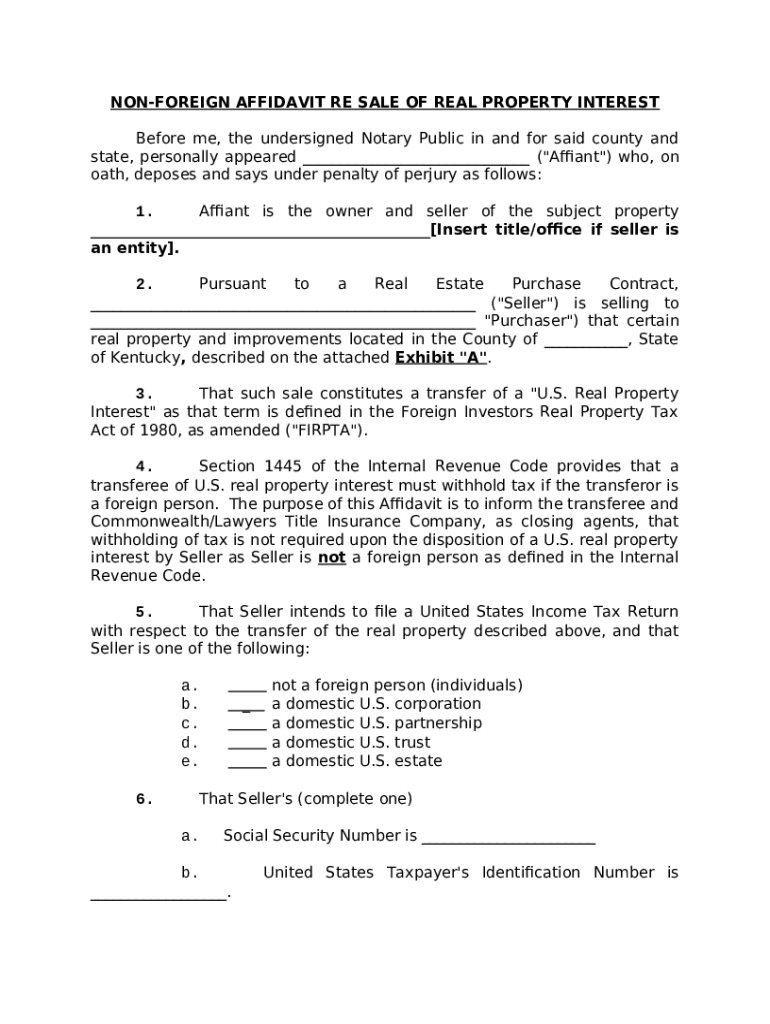 Non foreign affidavit re sale of real property interest doc template