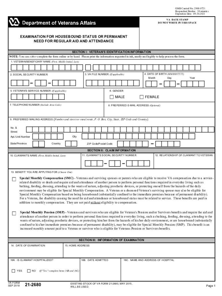 Fillable Online VA Form 212680. EXAMINATION FOR HOUSEBOUND STATUS OR