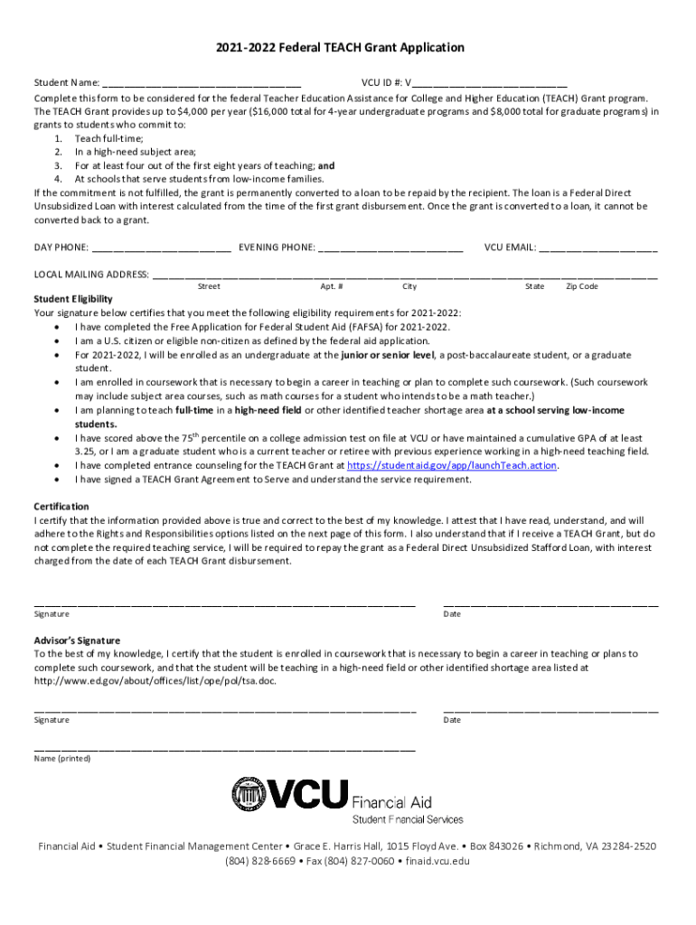 Fillable online 2021 2022 federal teach grant application 2021 2022