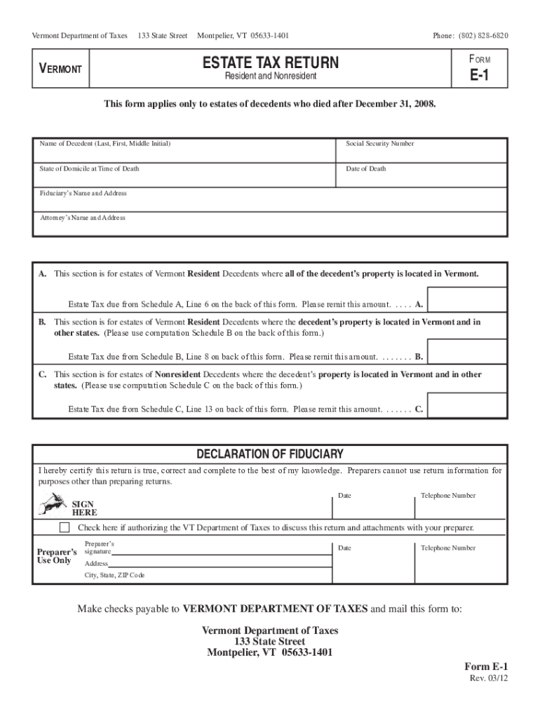 Fillable Online Fillable Form E1 Vermont Estate Tax Return printable