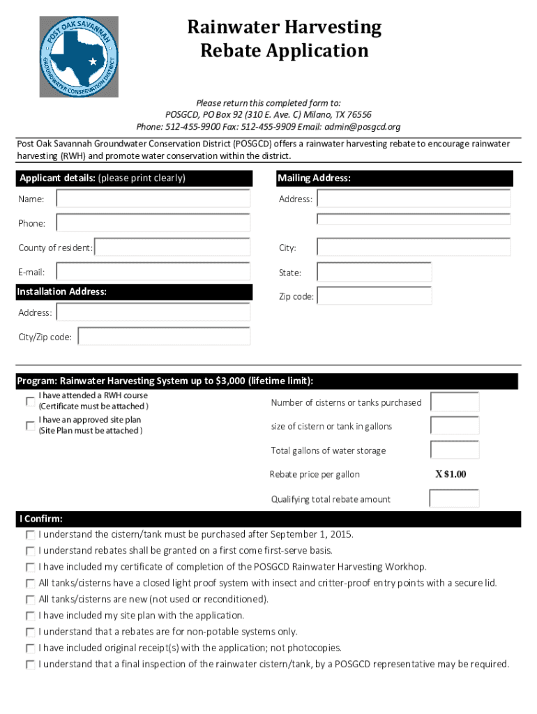 Fillable Online Rainwater Harvesting Rebate Application Posgcd 