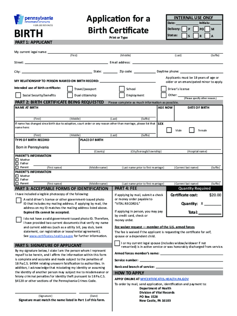 application for pa birth certificate Preview on Page 1