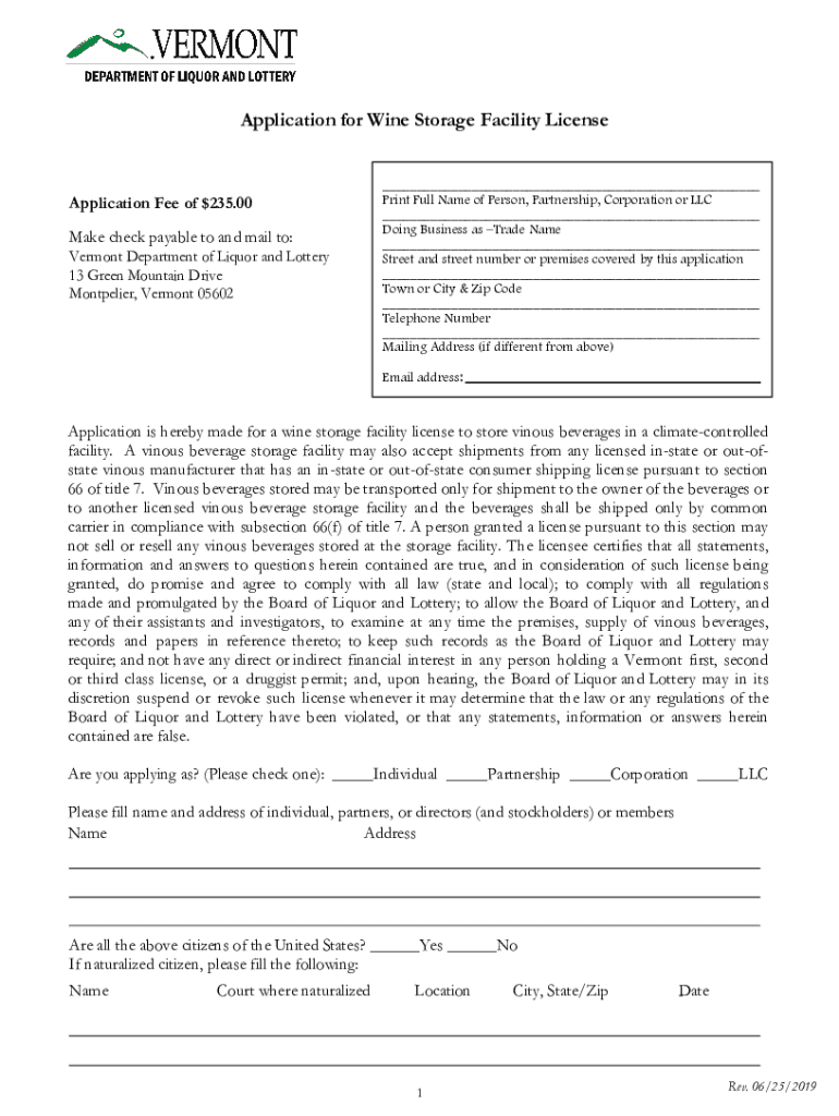 VT Application For Wine Storage Facility License 20192022 Fill and