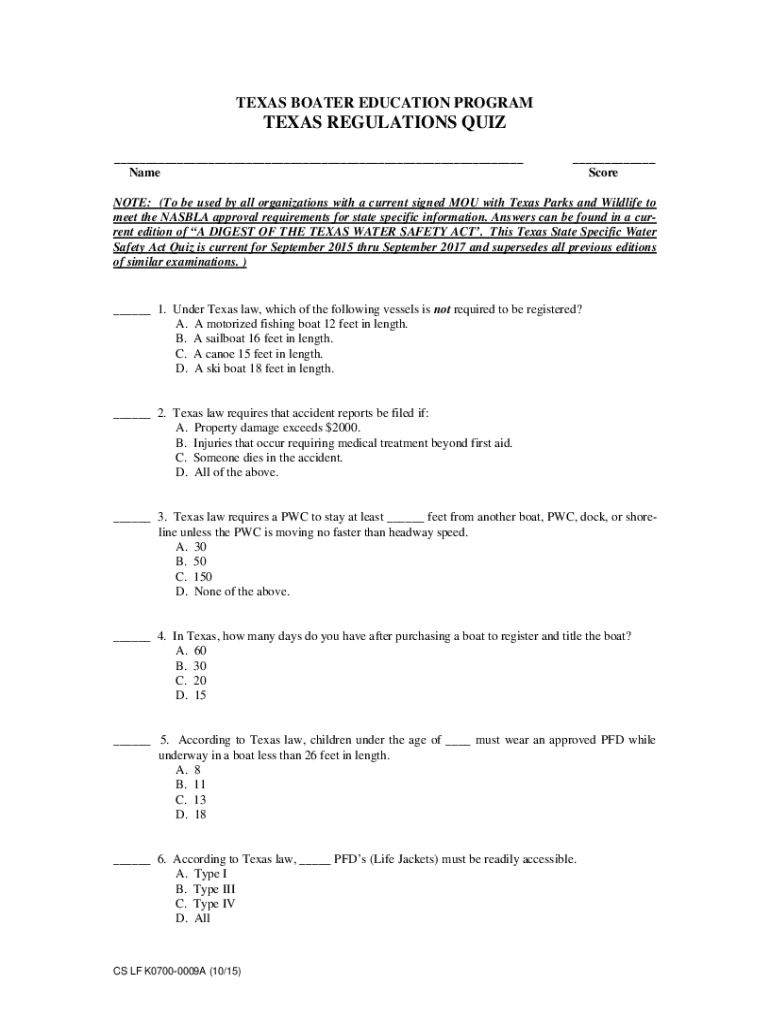 Fillable Online Texas Boater Education Program Texas Regulations Quiz
