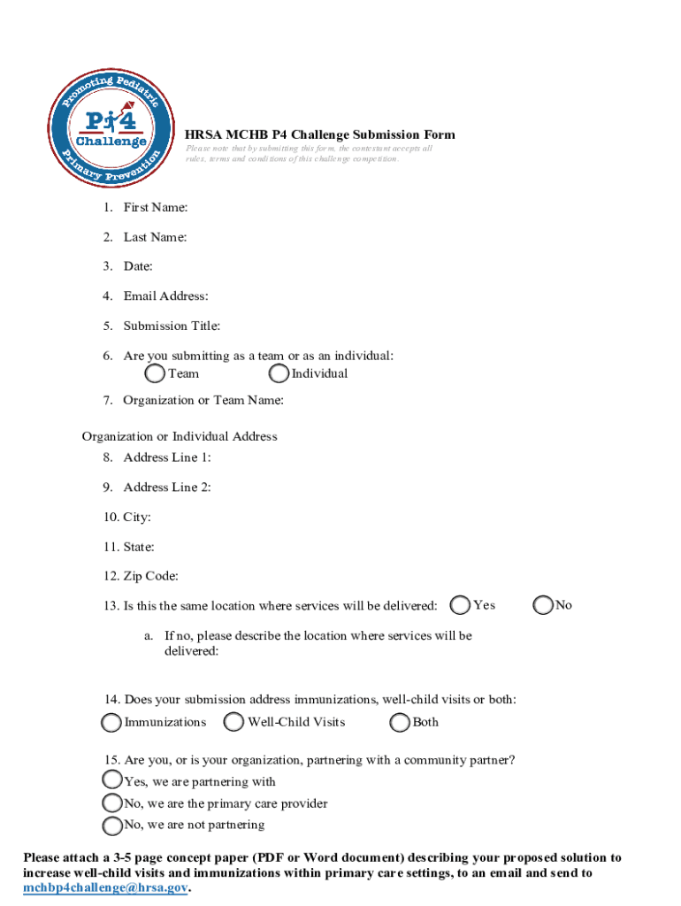 Fillable Online mchb hrsa HRSA MCHB P4 Challenge Submission Form ...