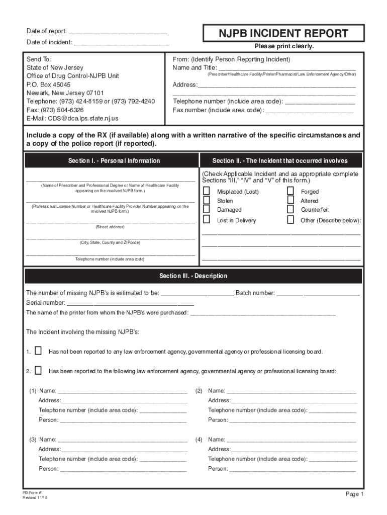 NJPB INCIDENT REPORT - Njconsumeraffairs - Fill and Sign Preview on Page 1