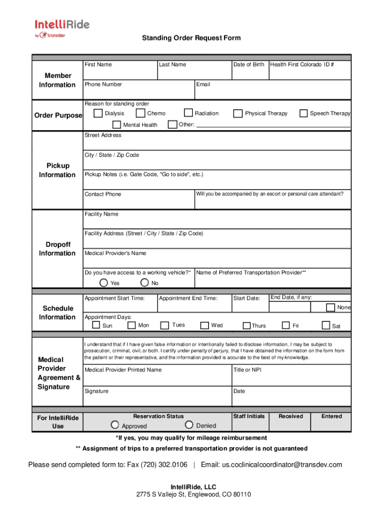 Mileage Reimbursement Verification Form Standing Order Preview on Page 1
