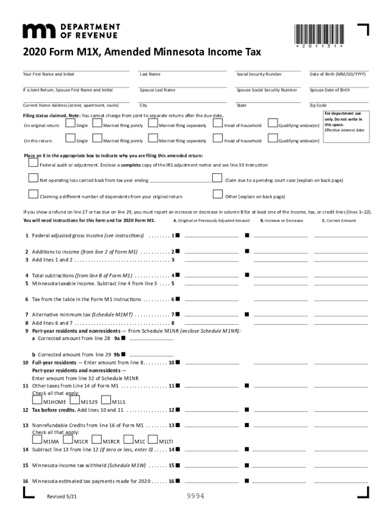 Minnesota Form M1X (Amended Minnesota Income Tax) - 2020 Preview on Page 1