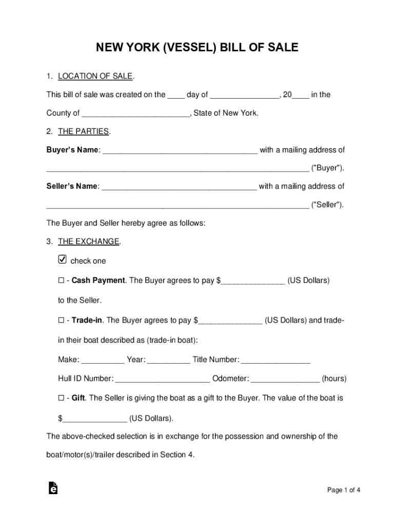 Free New York Bill of Sale Form - PDF Template Vehicle Vessel Bill of Sale - WA State Licensing (DOL Preview on Page 1