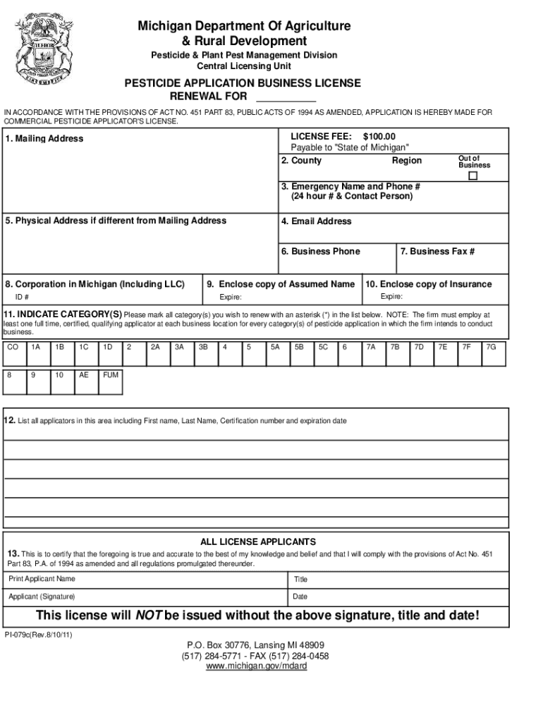 Fillable Online Pesticide Application Business License Renewal Form. Pesticide Application
