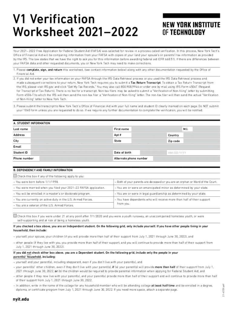 20212022 Verification Worksheet Independent Student (V1) Preview on Page 1