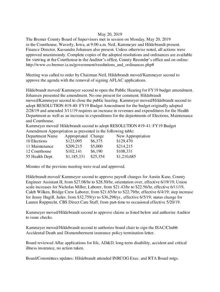 Fillable Online May 20, 2019 The Bremer County Board of Supervisors met