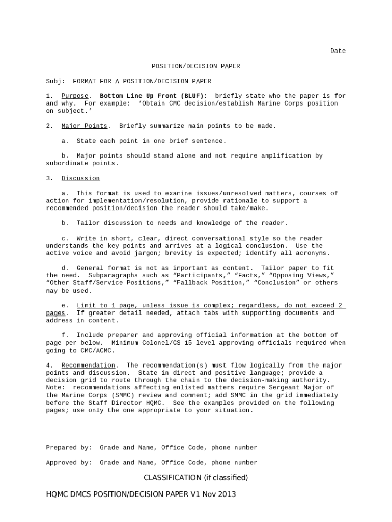 Position Decision Paper Template and Guidance Doc Template pdfFiller