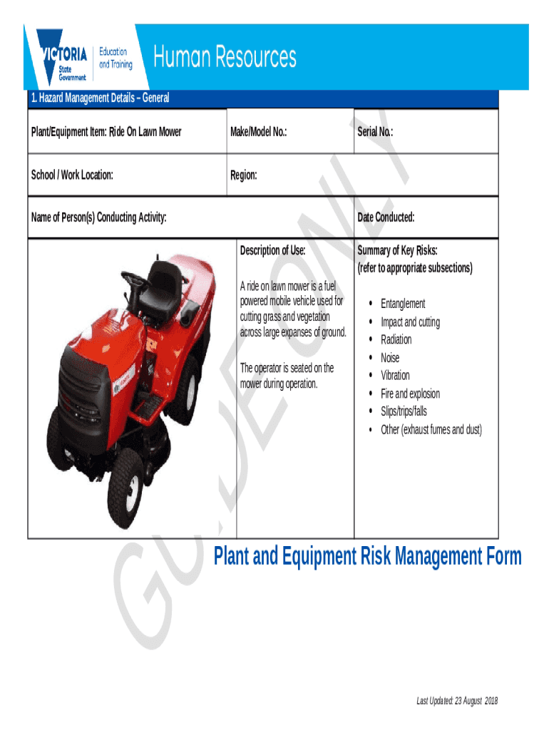 Plant and Equipment Risk Management Rideon Lawn Mower Doc Template