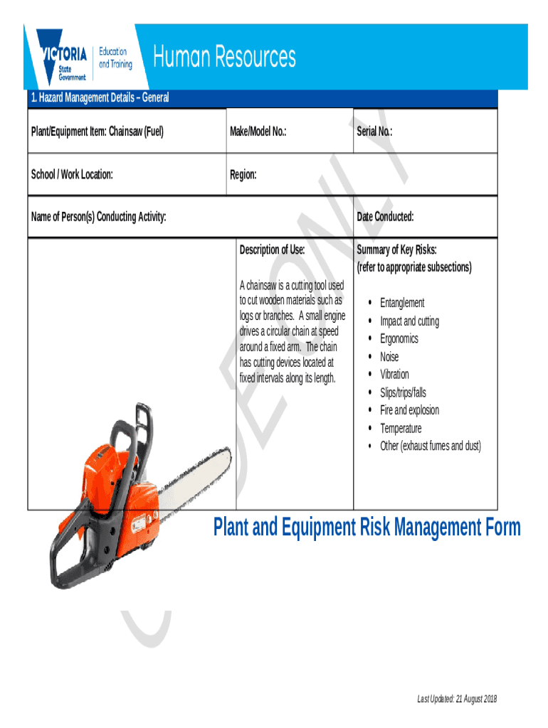 Plant and Equipment Risk Management Chainsaw (Petrol) Doc Template