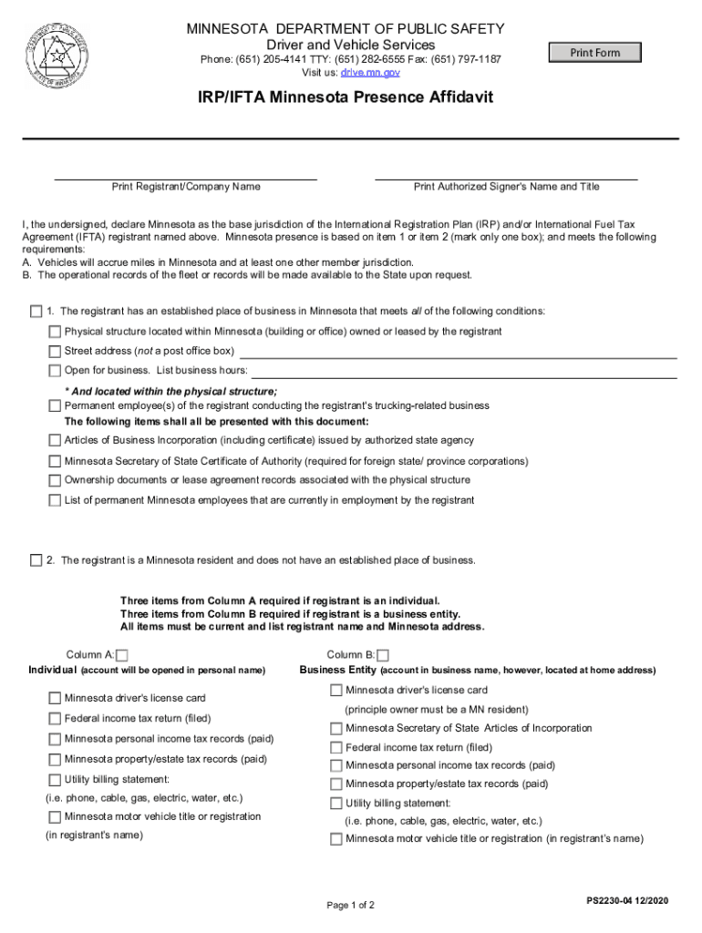 IRP IFTA Minnesota Presence Affidavidit Preview on Page 1