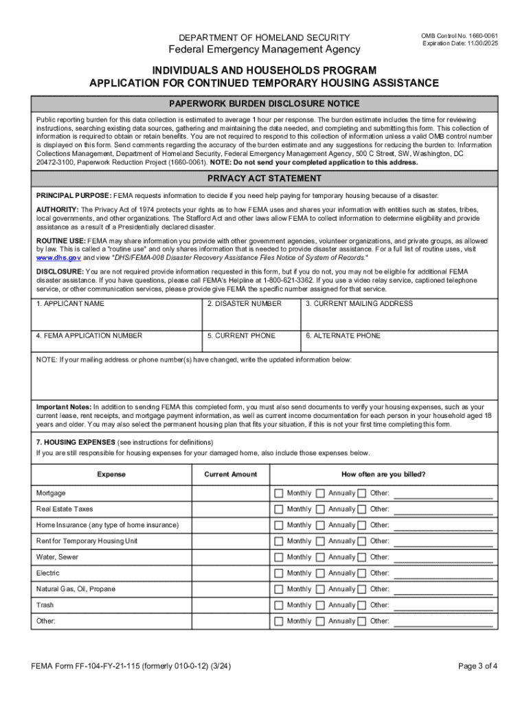FEMA Application for Continued Temporary Housing Assistance Preview on Page 1