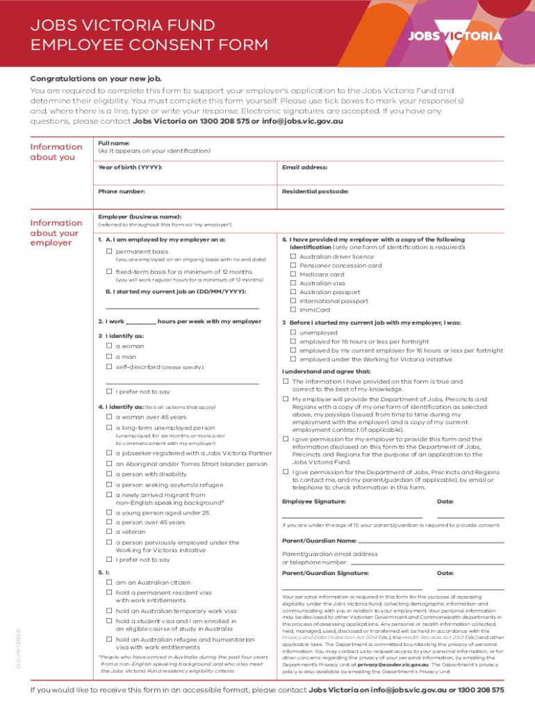 Fillable Online JOBS VICTORIA FUND EMPLOYEE CONSENT FORM Fax Email