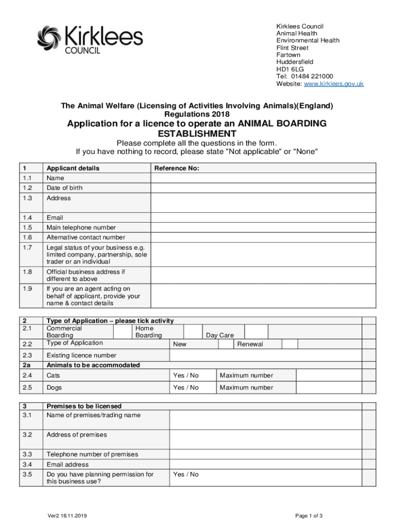 Fillable Online Animal Boarding Establishments Application Form. Animal