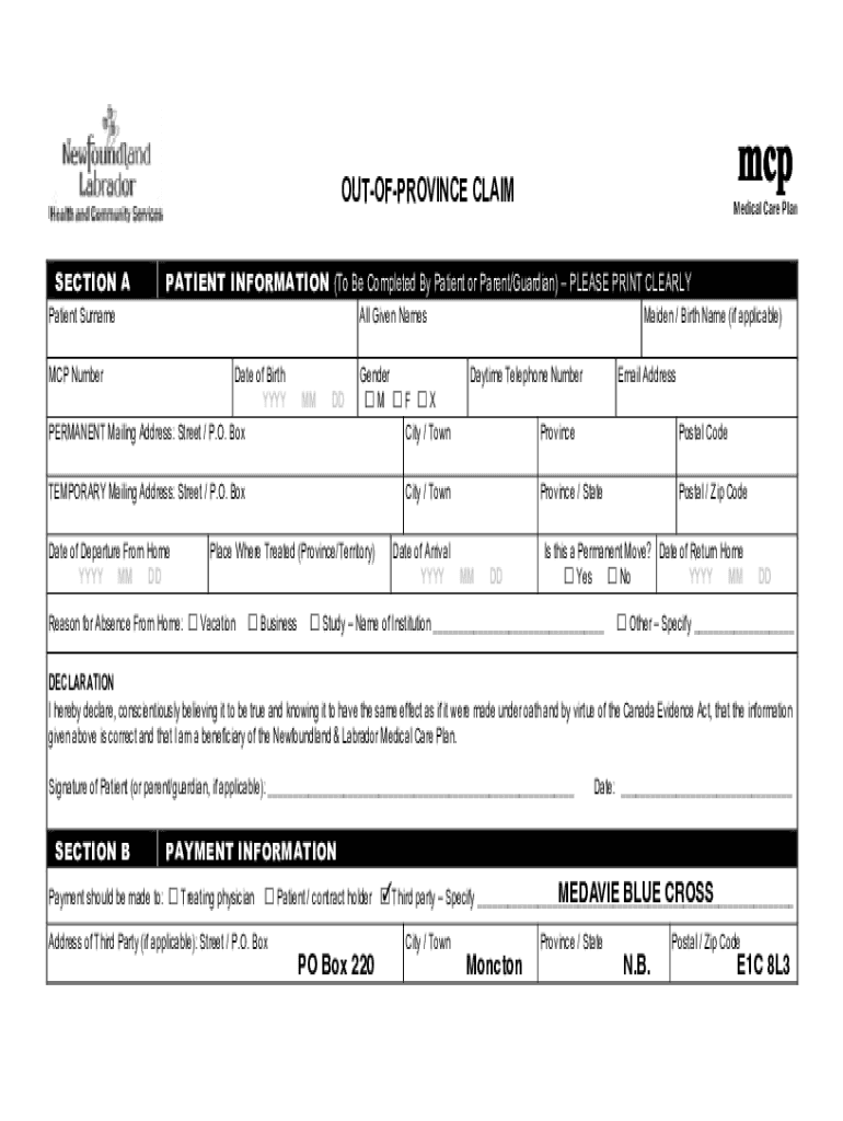 mcp out province claim form Preview on Page 1