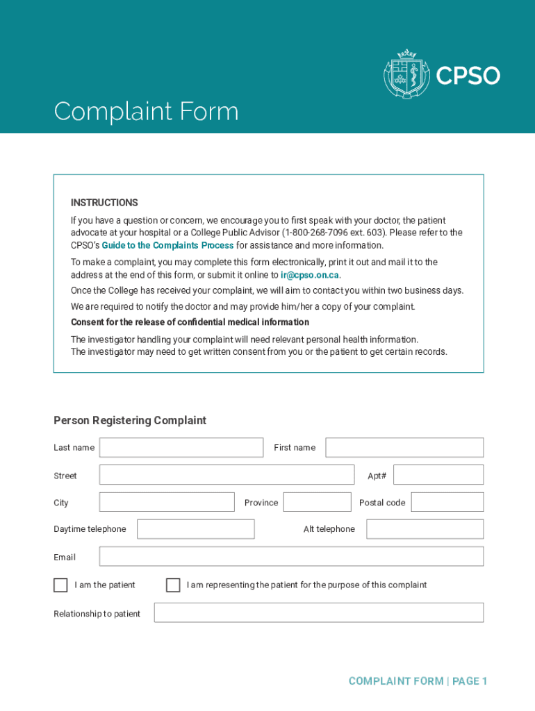 cpso complaint form Preview on Page 1.