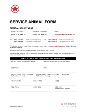 Air Canada, Service Animal Form, Form ACF5018D-UA (2021-02)