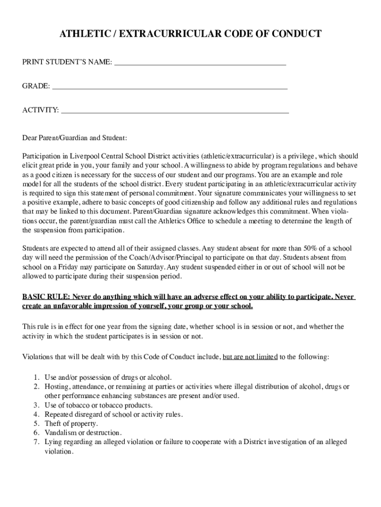 Fillable Online Athletic Code of Conduct Form Fax Email Print pdfFiller