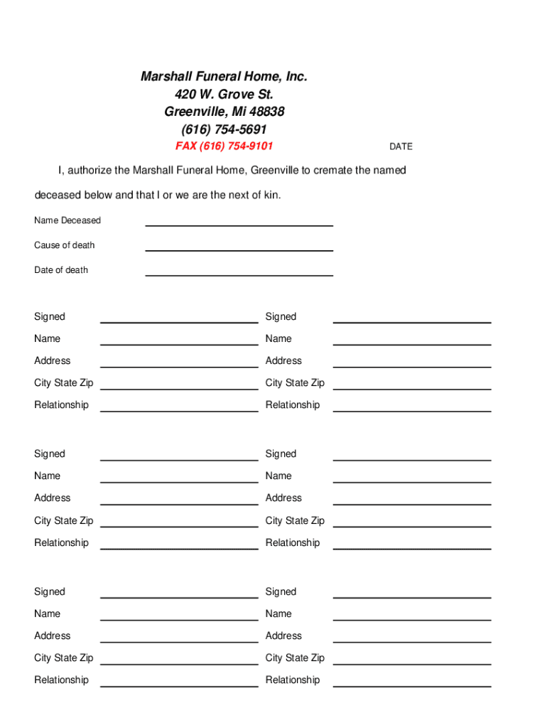 Fillable Online Marshall Funeral Home 420 W Grove St Y Greenville, MI