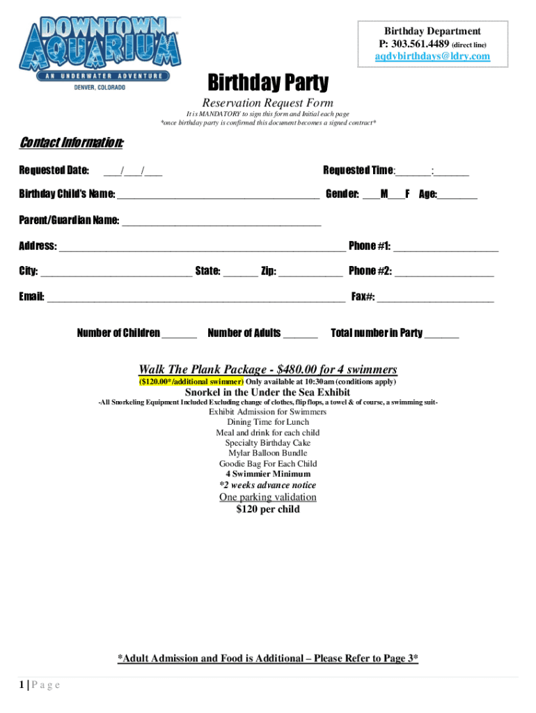 Fillable Online Denver Birthday Reservation Request Form Aquarium