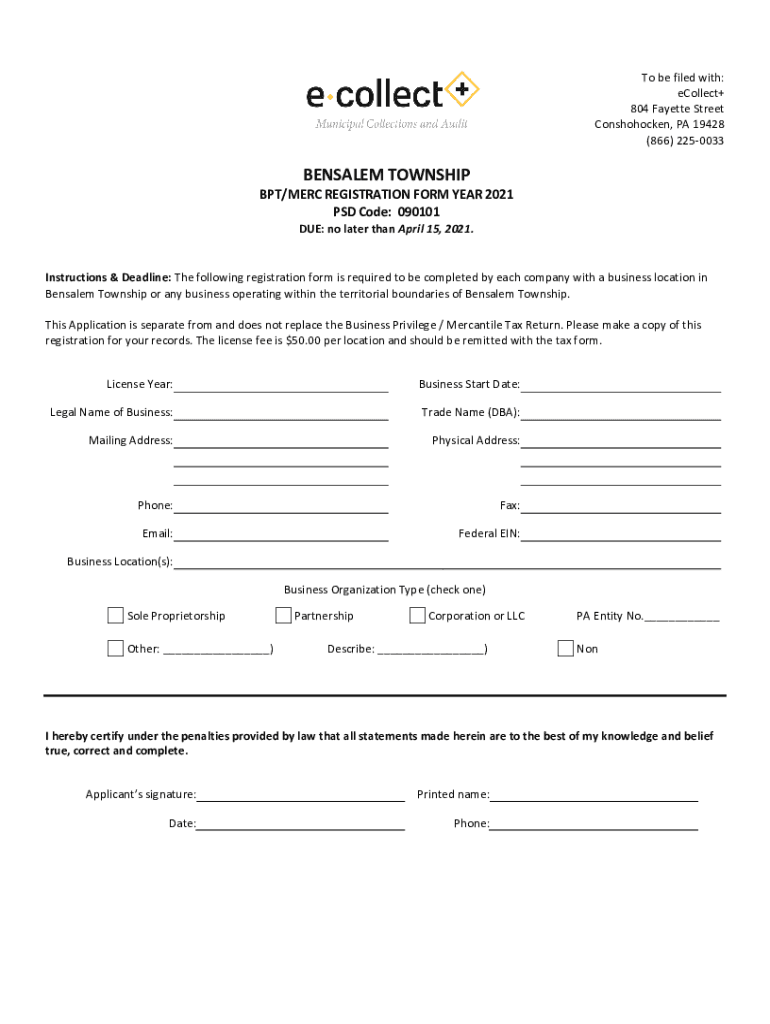 Fillable Online Bensalem Township Business Privilege / Mercantile Tax