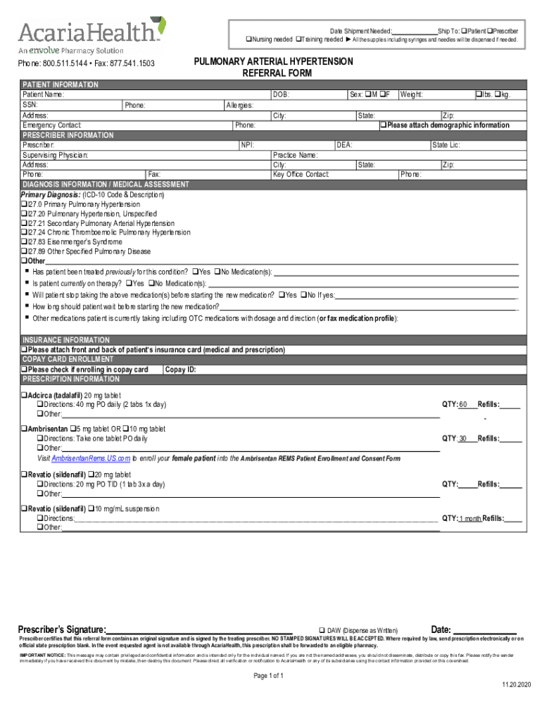 Fillable Online AcariaHealth Pulmonary Arterial Hypertenstion Referral