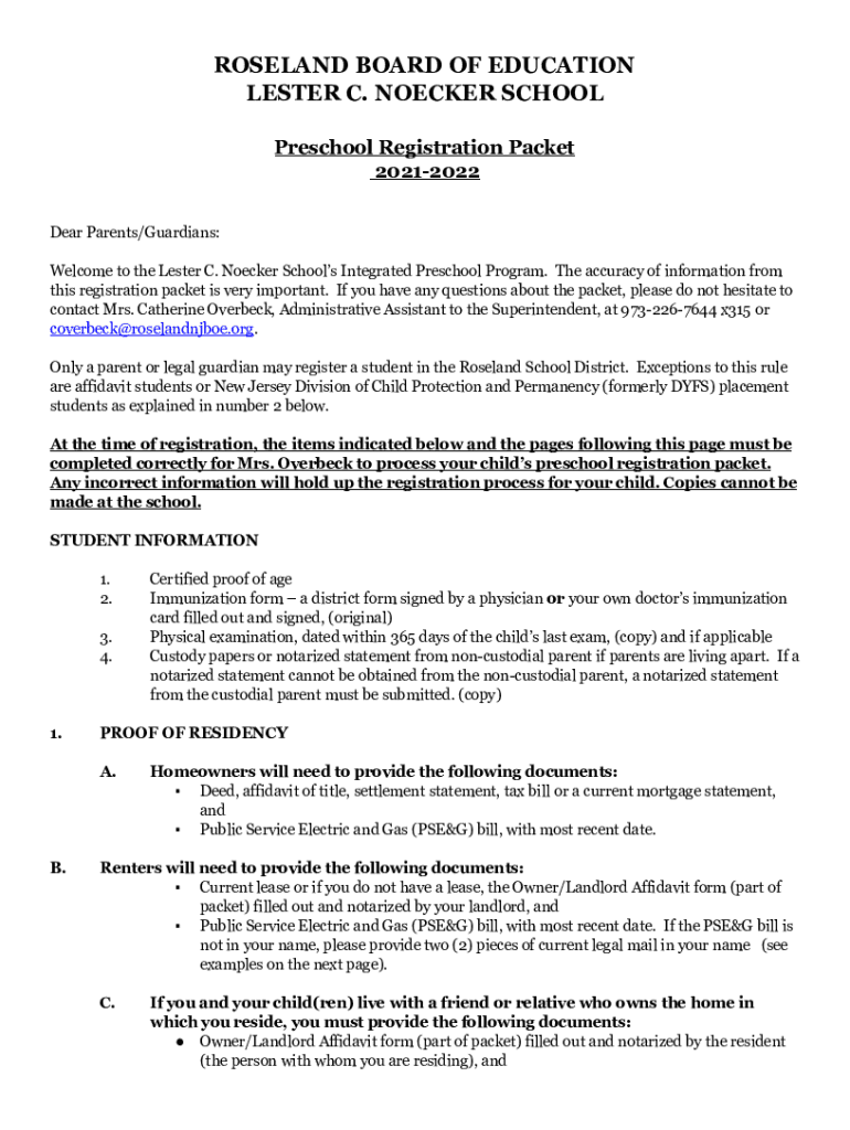 Fillable Online Roseland Board of Education Lester C. Noecker School