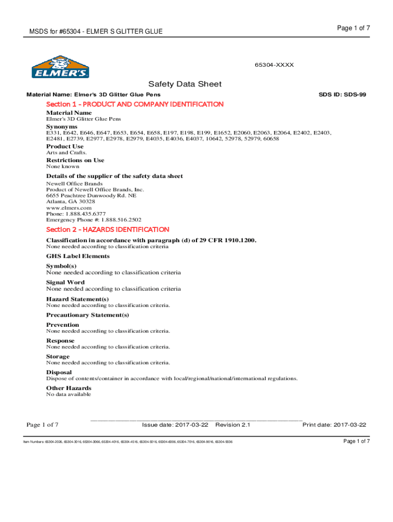 Fillable Online MSDS for 65304 ELMER S GLITTER GLUE. Material Safety