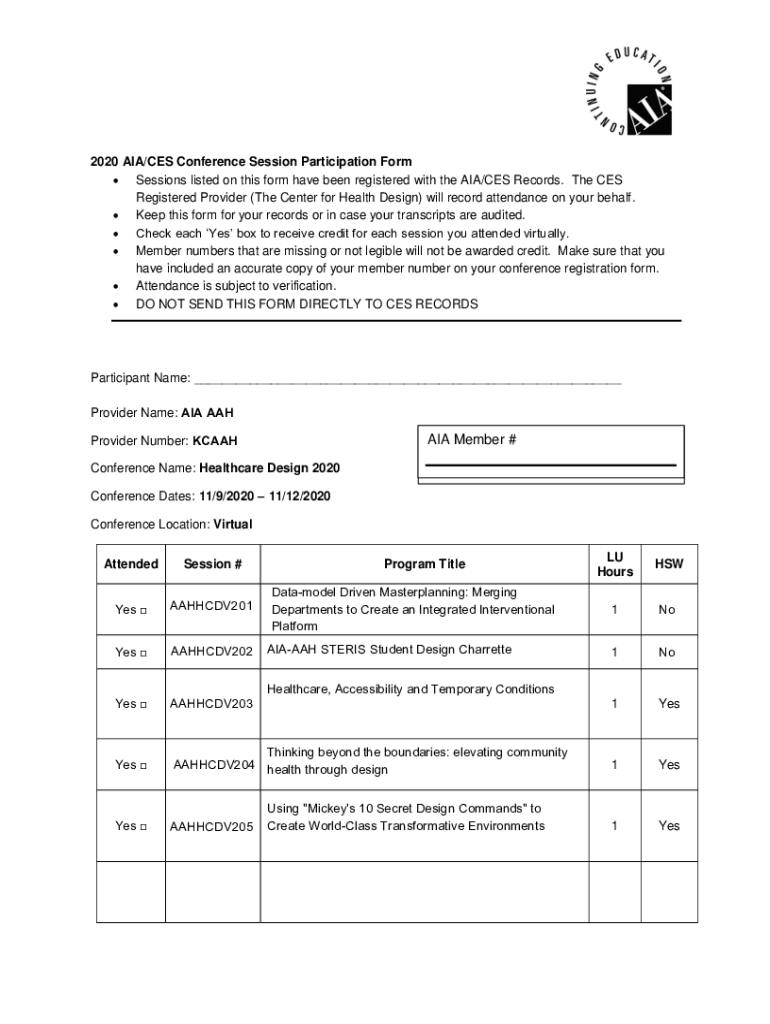 Fillable Online 2020 AIA/CES Conference Session Participation Form Fax ...