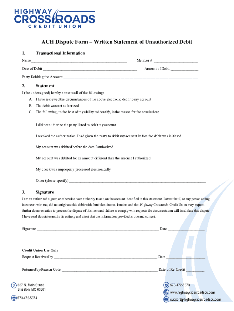 Fillable online ach dispute form written statement of unauthorized
