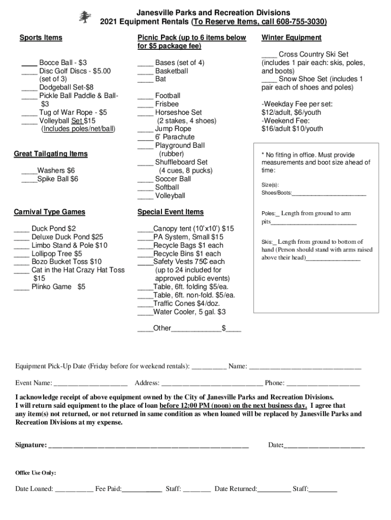 Fillable Online Janesville Parks and Recreation Divisions 2021