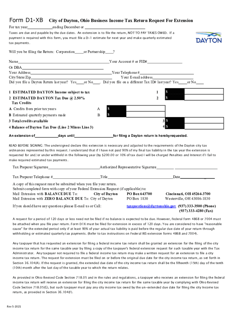 Form D1-XB "Business Income Tax Return Request for Extension ... Preview on Page 1