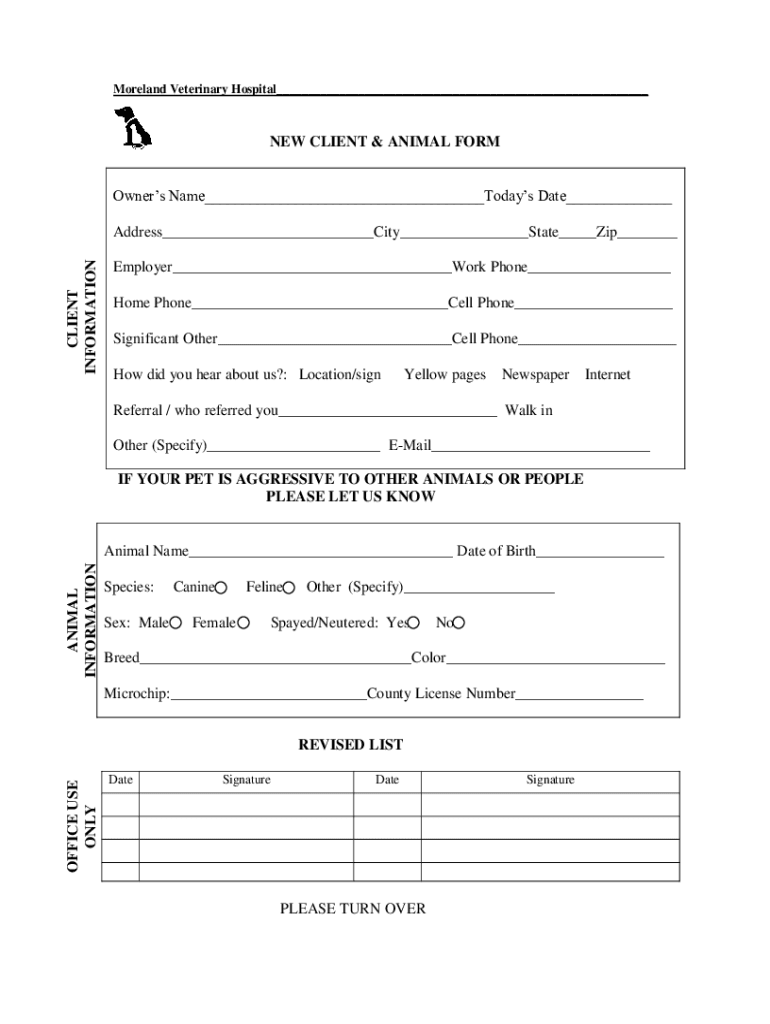 Fillable Online Moreland Veterinary Hospital Fax Email Print pdfFiller
